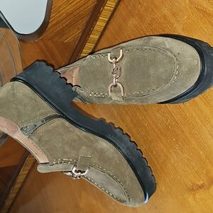 All Black suede chunky heel loafers